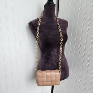 Woven Puff Blush Pink Faux Leather Purse Gold Chain Strap Padded Crossbody Bag